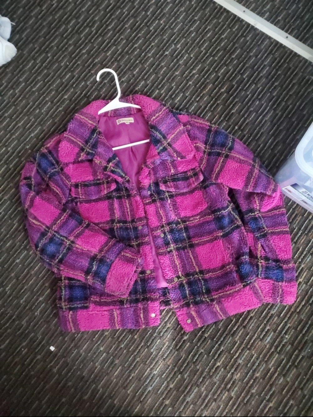 Democracy Fuzzy Plaid Shacket in Magenta and Purple